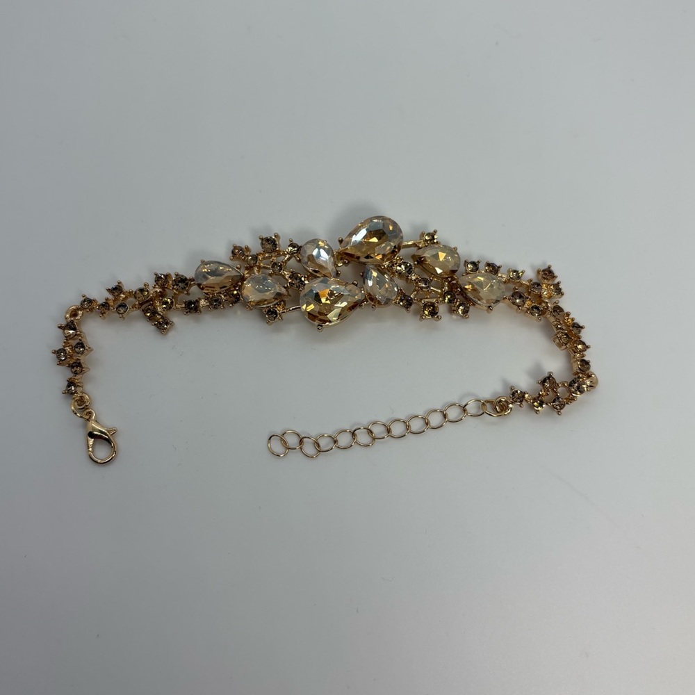 Champagne Crystal Rhinestone Teardrop Bridal Party Gold Tone Bracelet - Picture 3 of 4